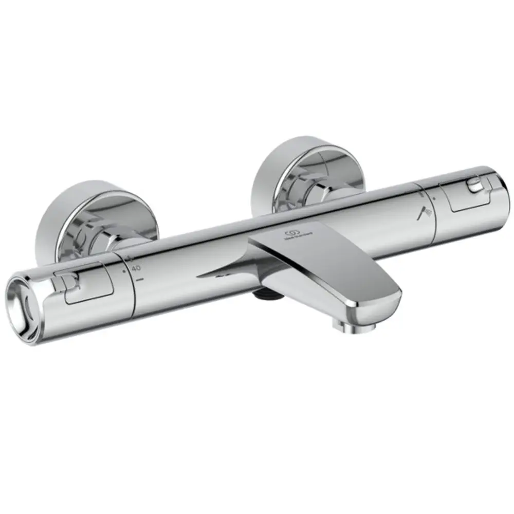 Badethermostat in Chrom von Ideal Standard mit zwei regulierbaren Griffen zur Temperaturkontrolle und Auslauf. Eignet sich für Wandmontage.